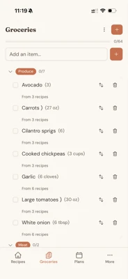 Mobile grocery list sorted by aisle, showing produce items with quantities needed across multiple recipes
