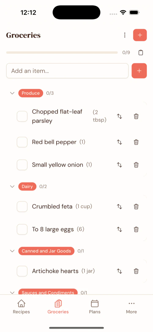 Mobile grocery list in Gratin sorted by aisle, with items grouped under Produce, Dairy, and more