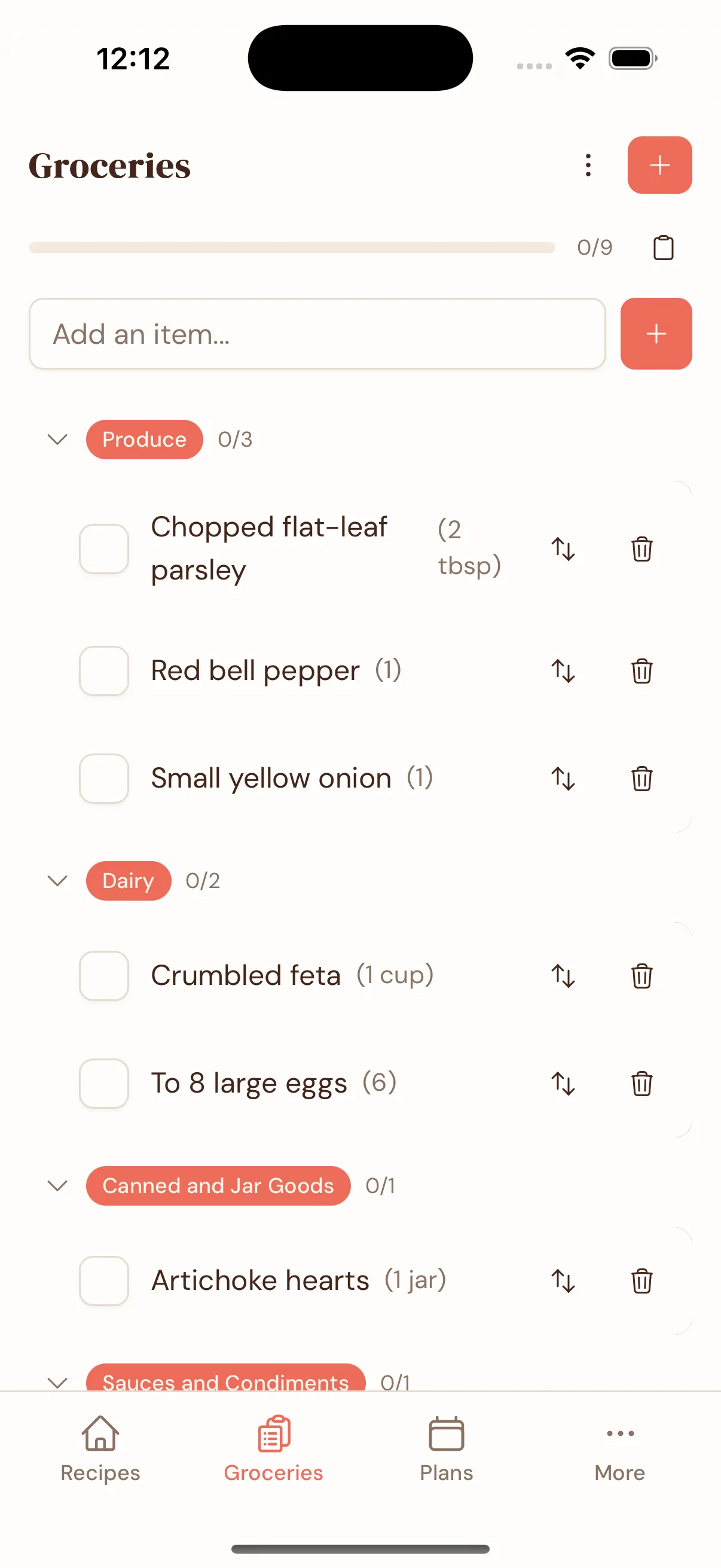 Mobile grocery list in Gratin sorted by aisle, with items grouped under Produce, Dairy, and more