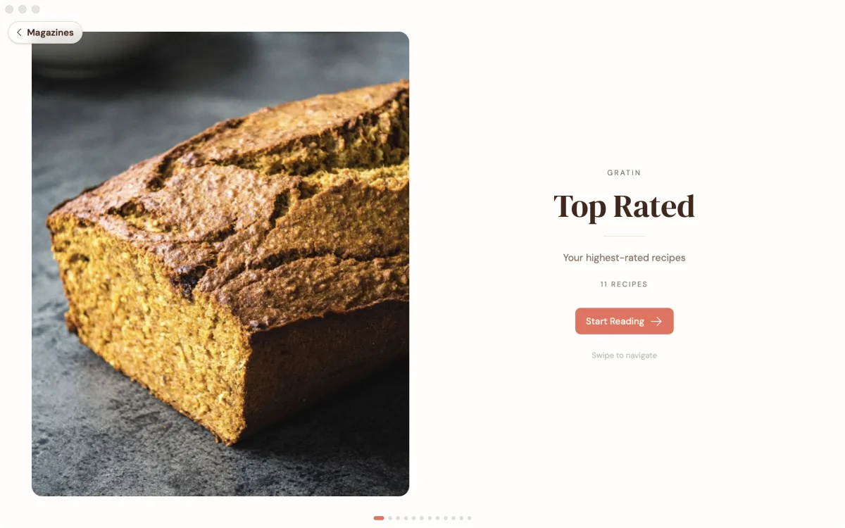 The cover of a Top Rated magazine in Gratin: a full-height photo beside the title, the recipe count and a Start Reading button