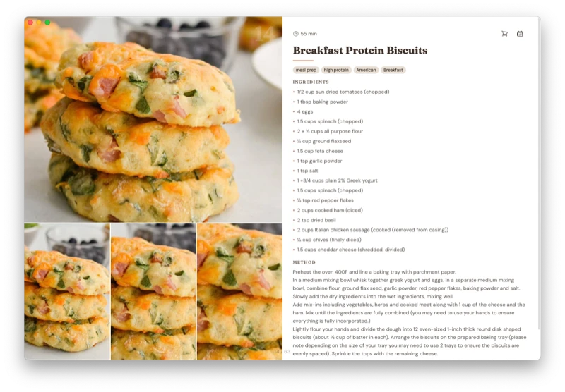 A recipe for Breakfast Protein Biscuits with large photos, ingredients list, and step-by-step method