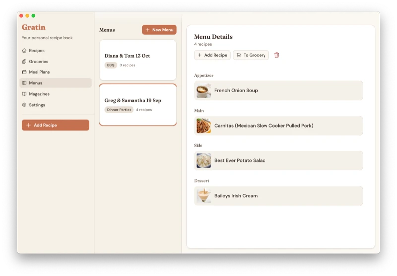 Menu planning view with a dinner party menu showing appetiser, main course, side dish, and dessert