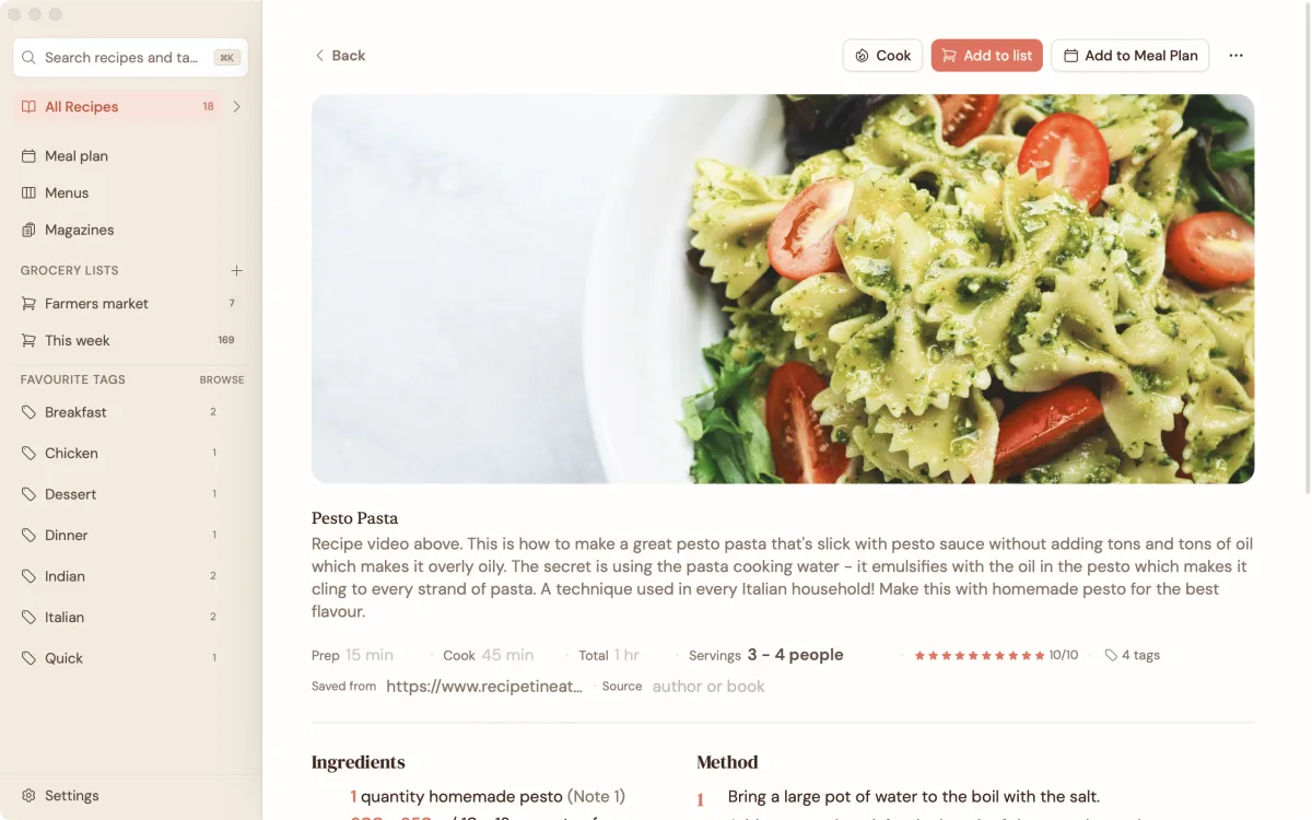 An individual recipe in Gratin, with a large photo, ingredients, and a step-by-step method