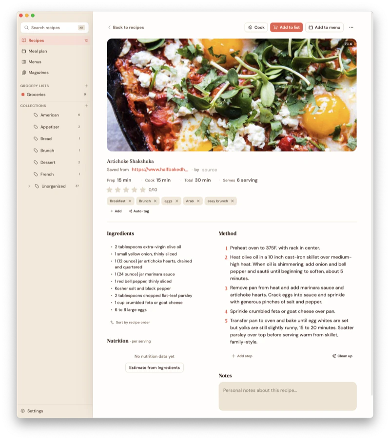 An individual recipe in Gratin, with a large photo, ingredients, and a step-by-step method