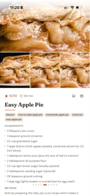 Mobile view of an Easy Apple Pie recipe with photos, ingredients, and cooking method