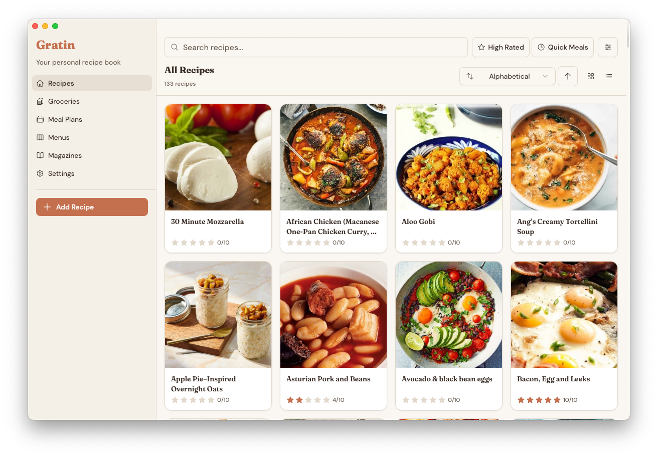Gratin desktop app showing a collection of saved recipes with photos, ratings, and search filters